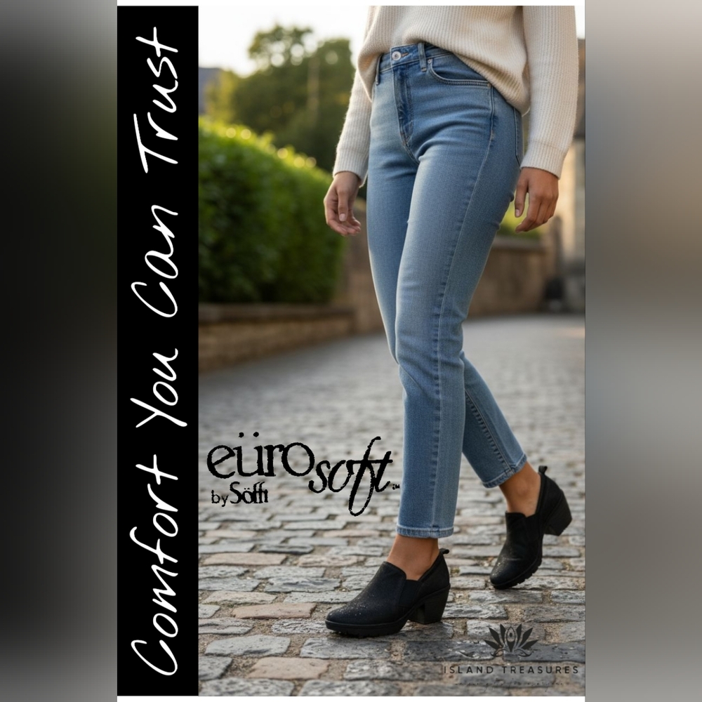 Eurosoft Jules Women Size 9.5M Black Faux Suede Block Heel Booties Elastic Gore